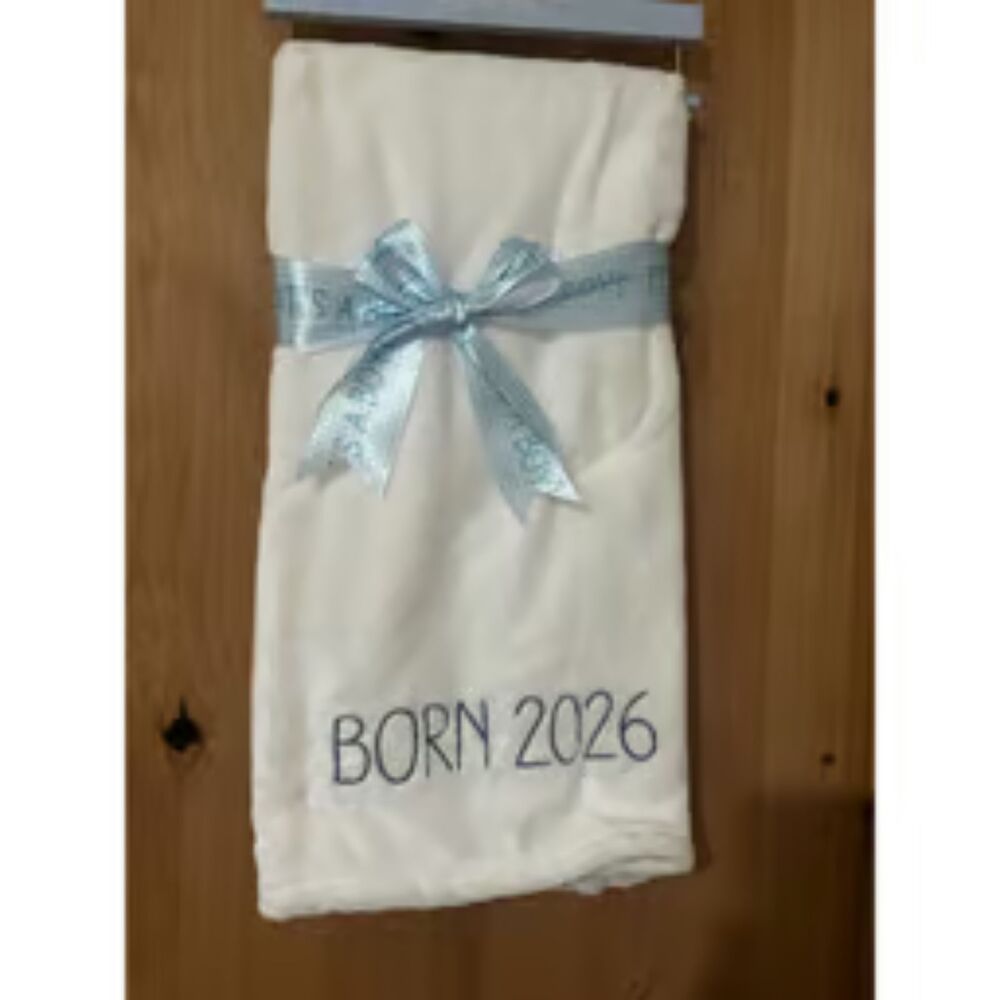 Logan & Lilly Born in 2026 White Baby Blanket with Blue Embroidery 30"x40" NWT